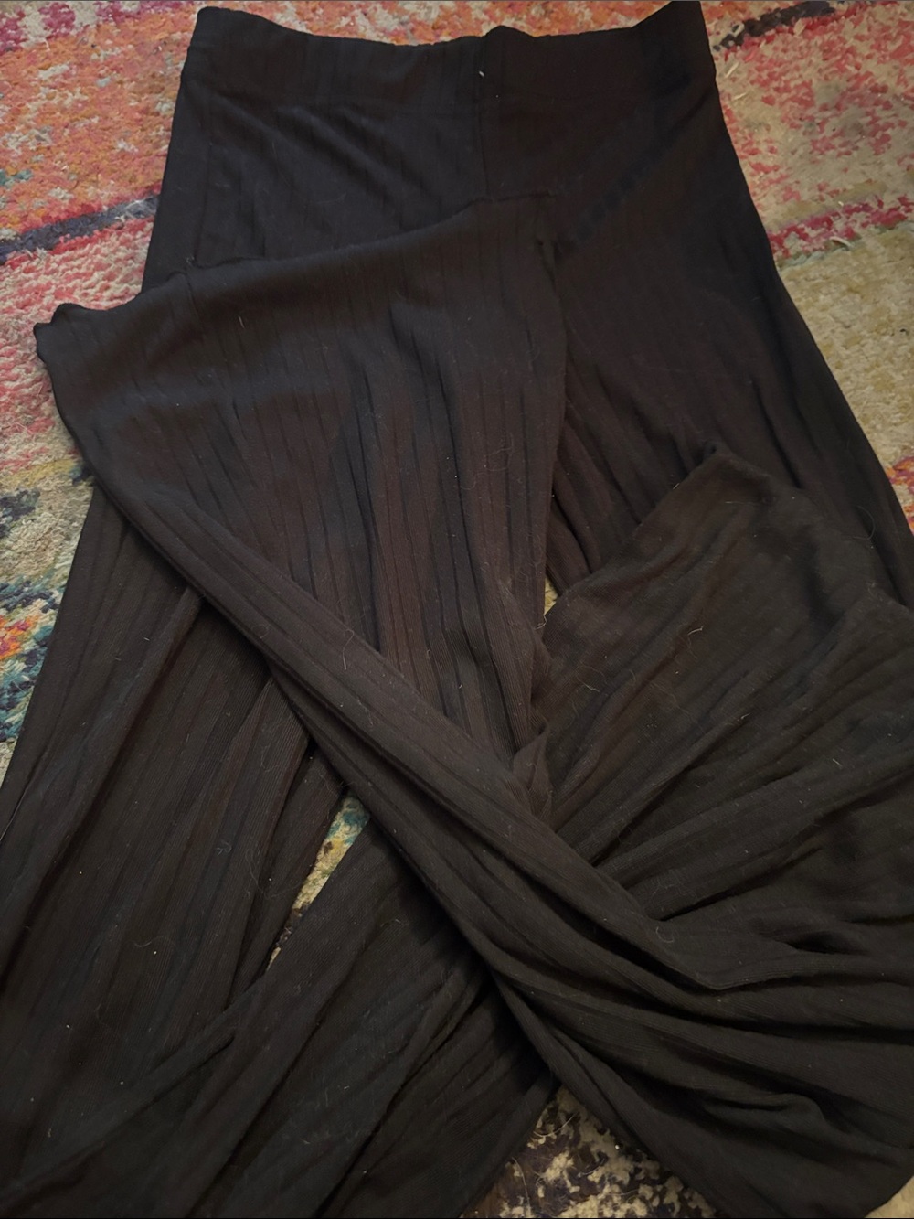 Ribbed Black Wide-Leg Pants